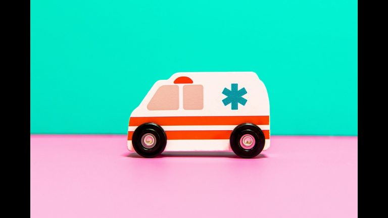 Animated ambulance in teal and pink background